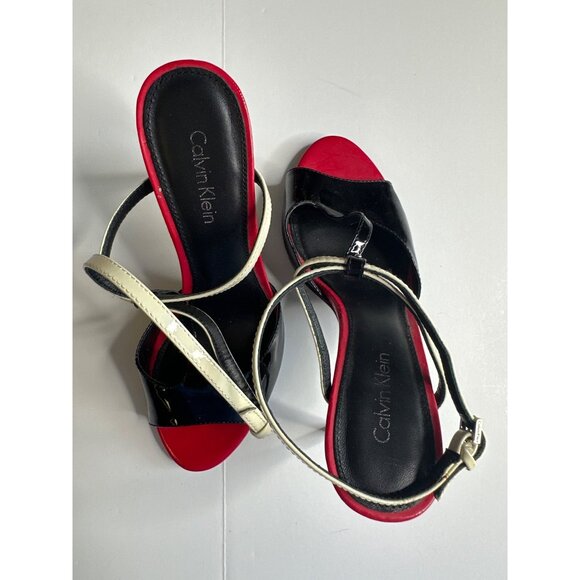 Calvin Klein Womens Black Patent Leather & Red Sole High Heel Sandals With White - Picture 5 of 5